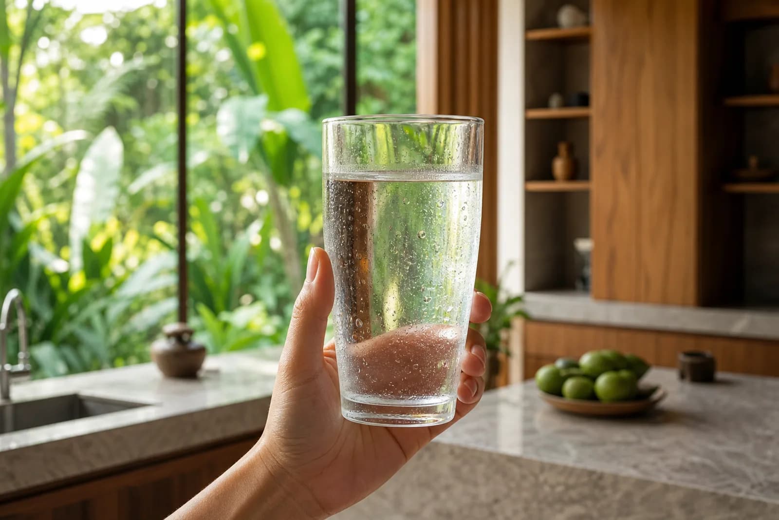 A clear glass of purified water held up to the light in a bright kitchen.