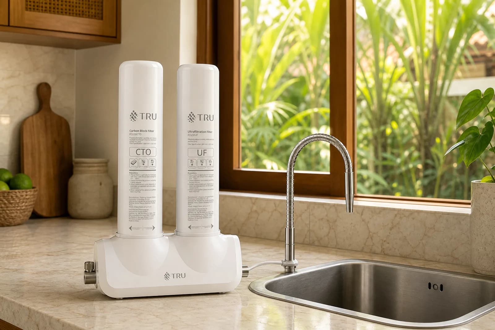 The slim purifier sitting on the counter beside the kitchen sink.