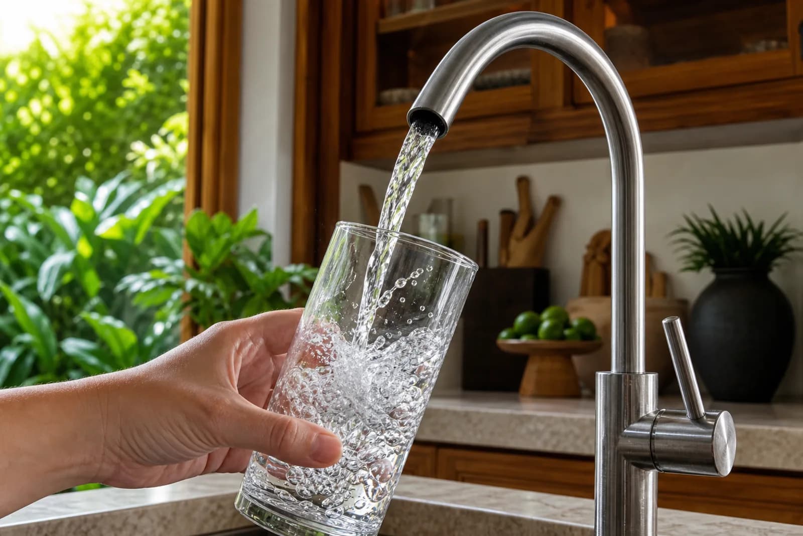 Filling a glass quickly at the kitchen faucet.