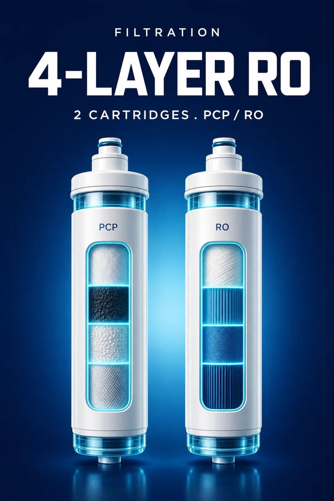 4-layer reverse osmosis across 2 cartridges (PCP / RO).