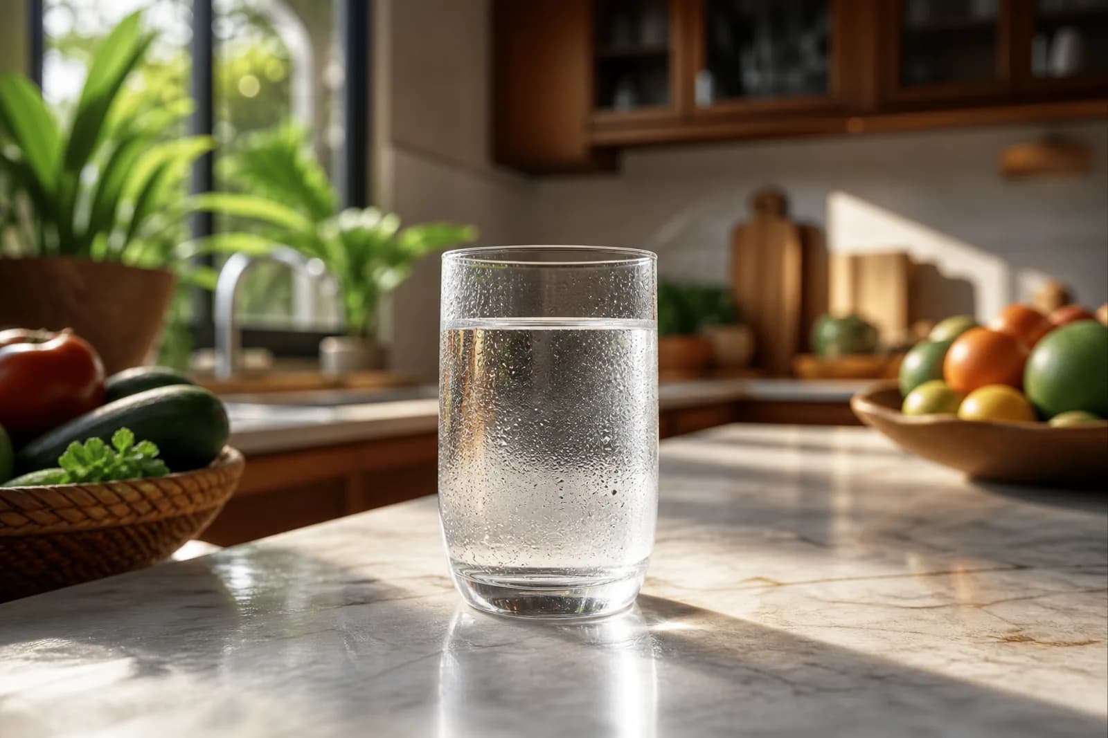 A fresh glass of clear purified water on a kitchen counter.