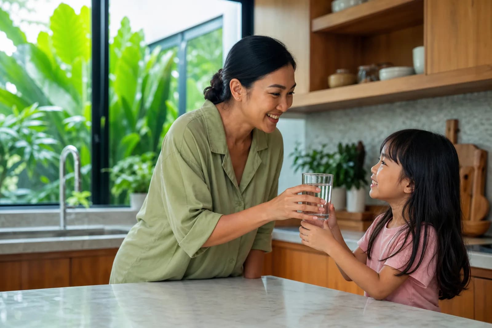 An Indonesian parent handing a child a glass of clean water in a home kitchen.