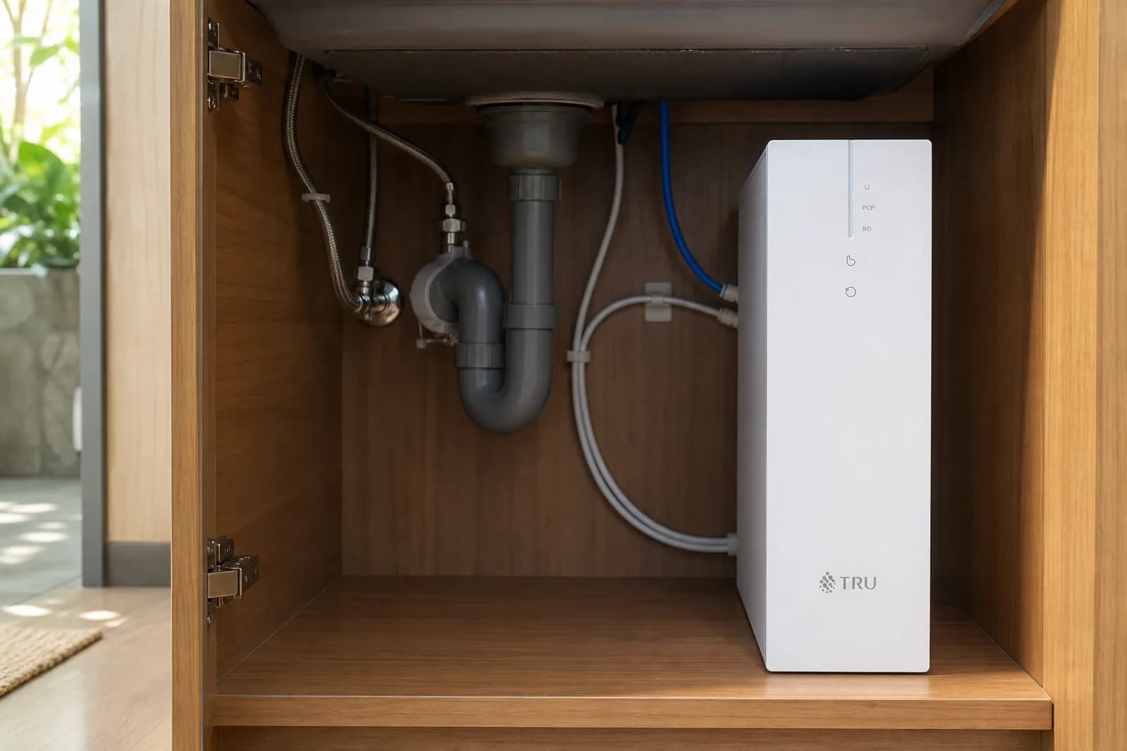 The slim purifier installed neatly inside an under-sink kitchen cabinet.