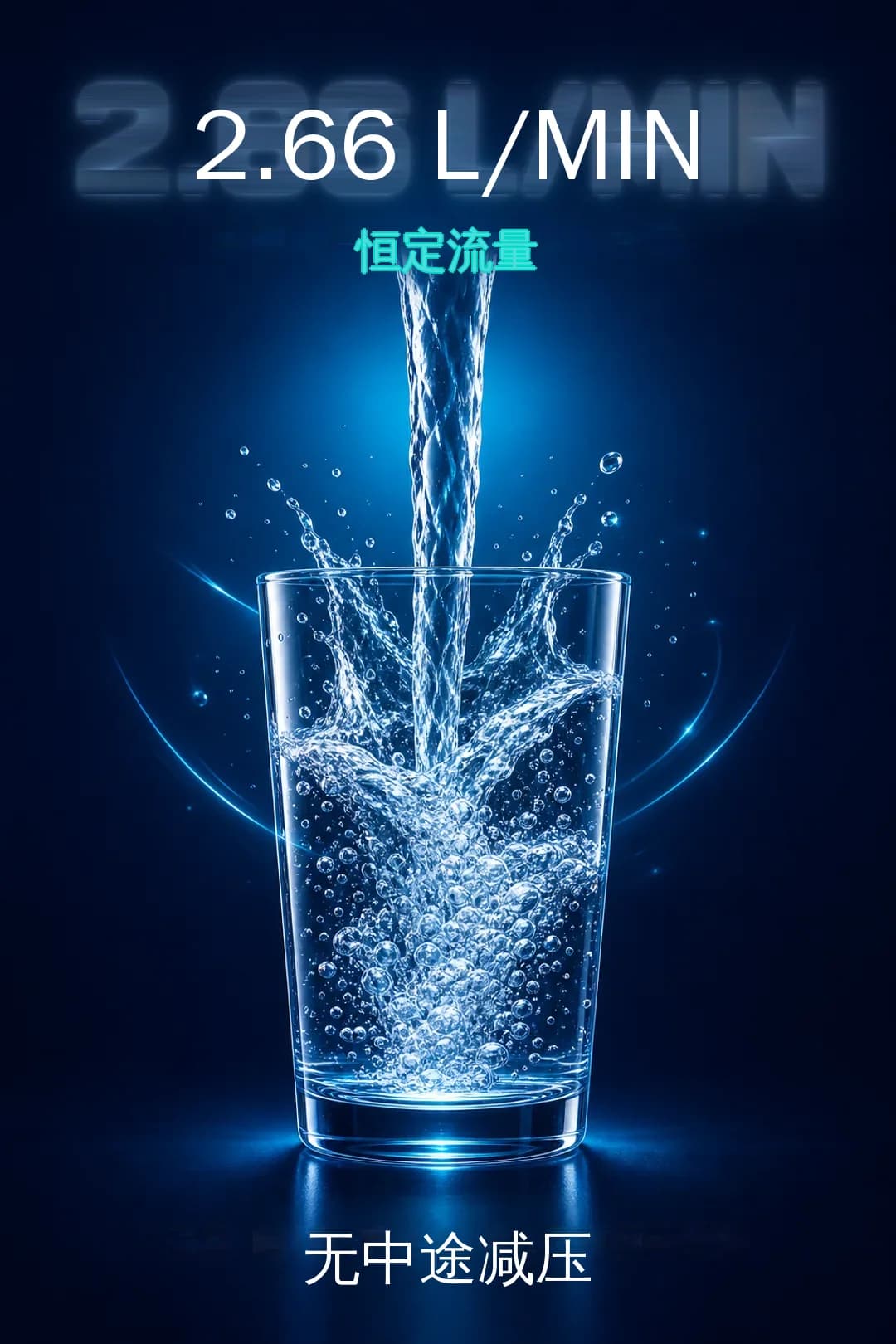 2.66 升/分钟恒定流量，接水途中不降速。