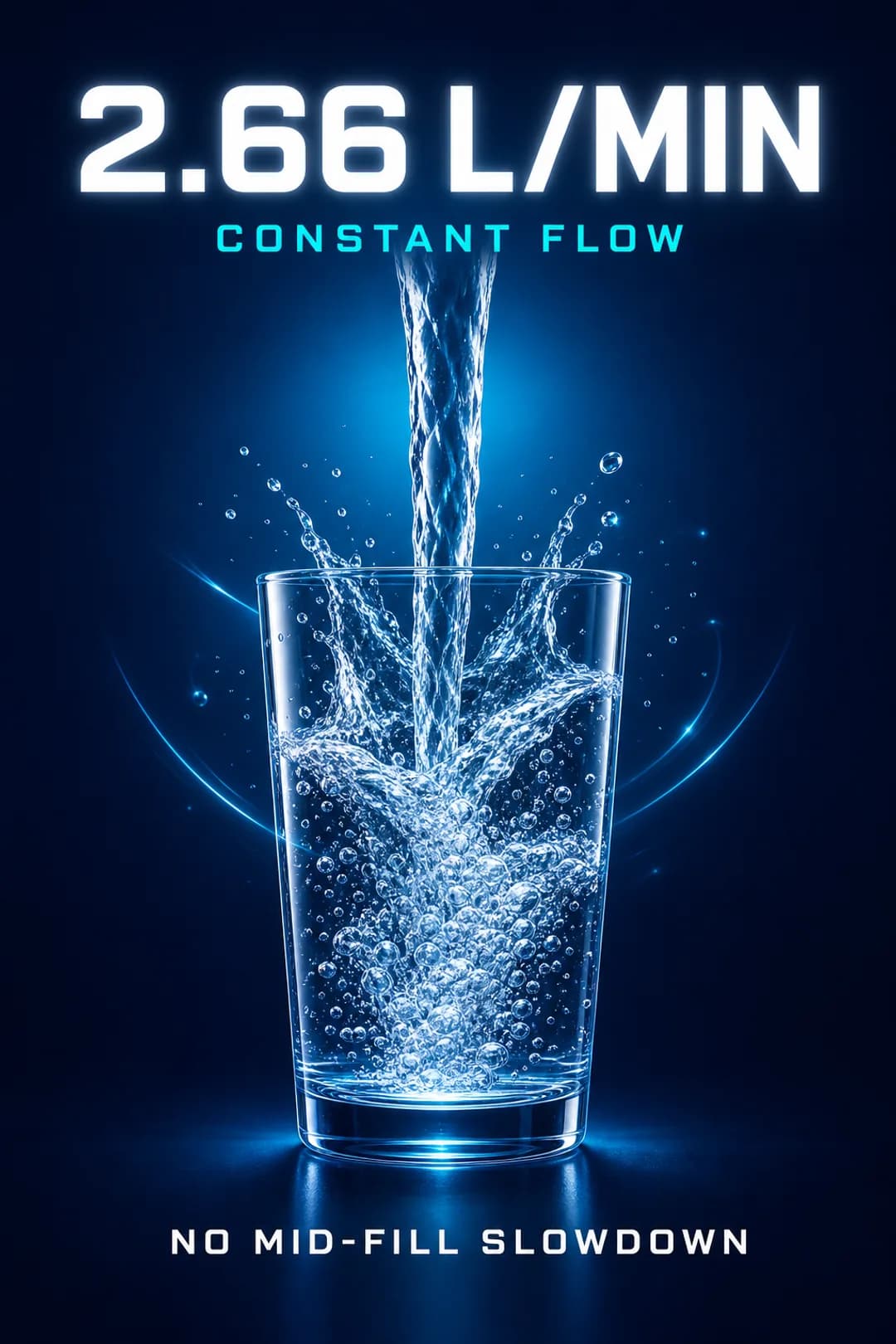 Constant 2.66 litres per minute flow with no mid-fill slowdown.