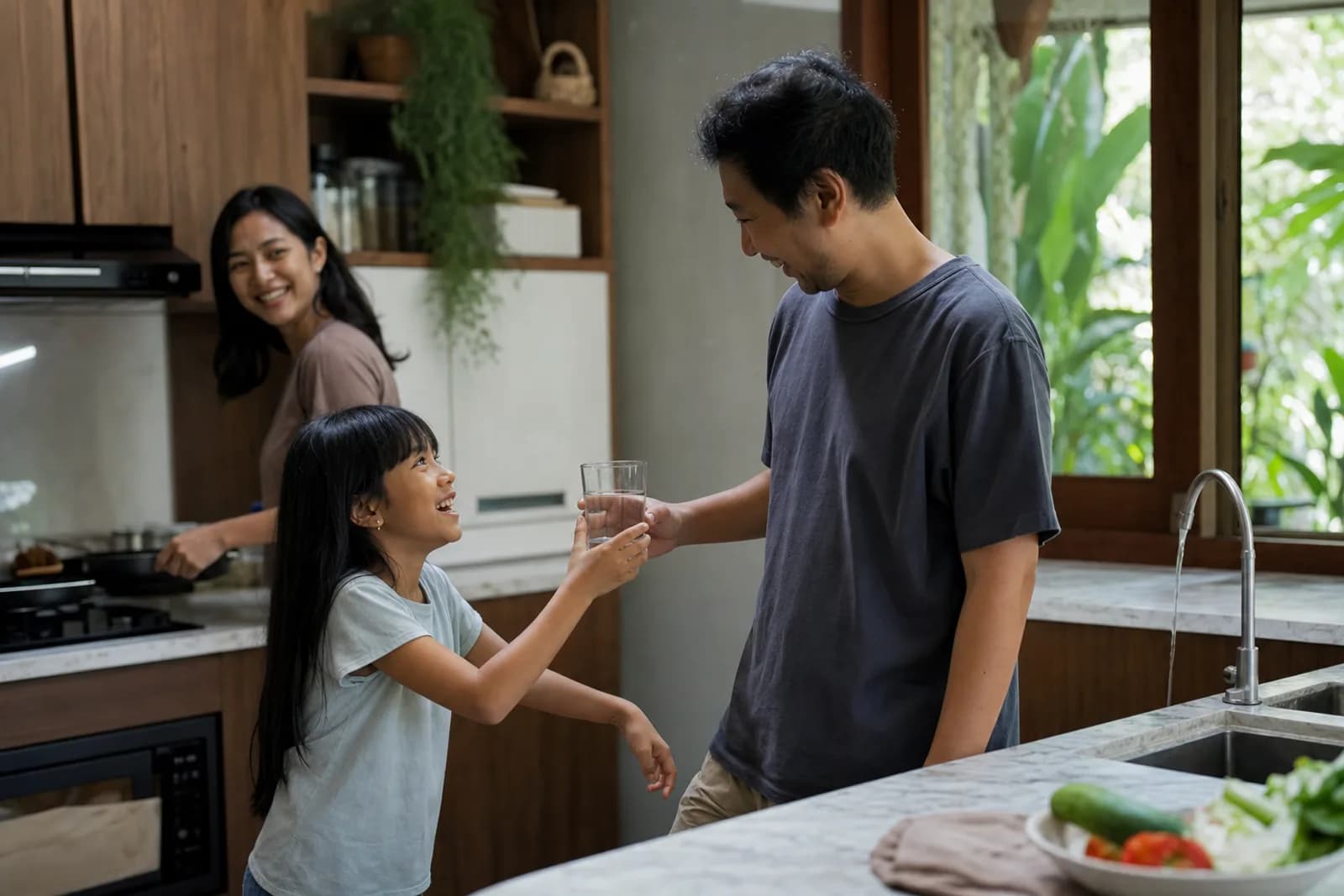 An Indonesian parent handing a child a glass of clean water in a home kitchen.