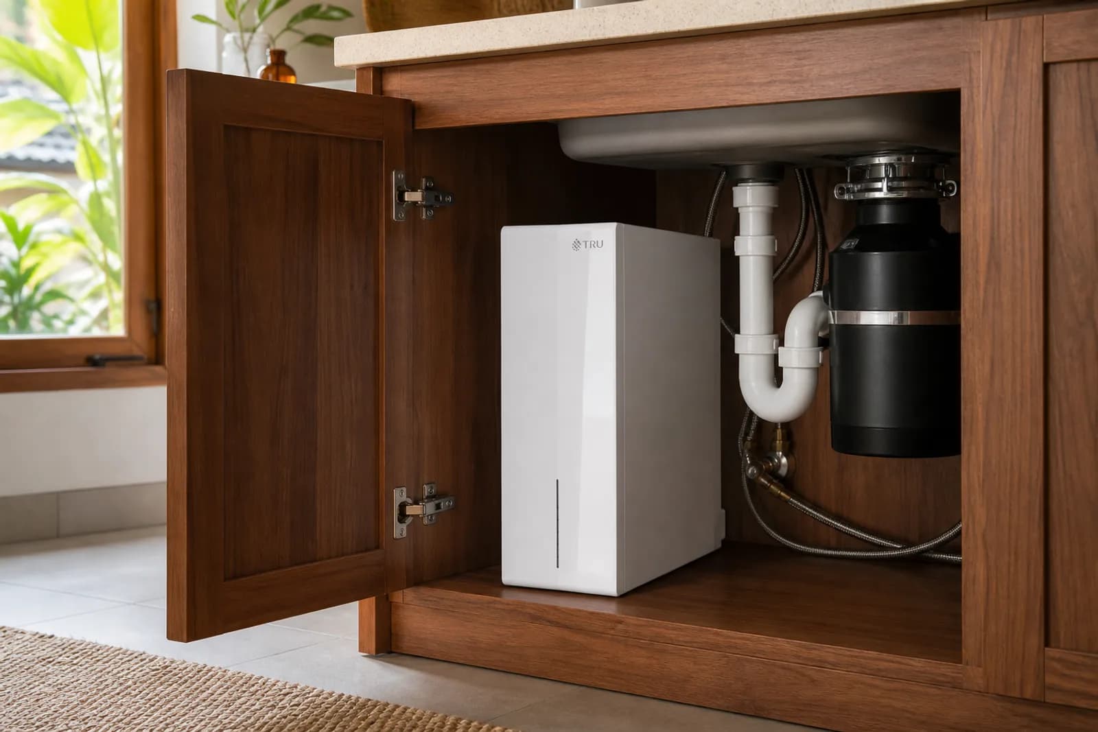 The unit installed inside an under-sink kitchen cabinet, neatly plumbed.