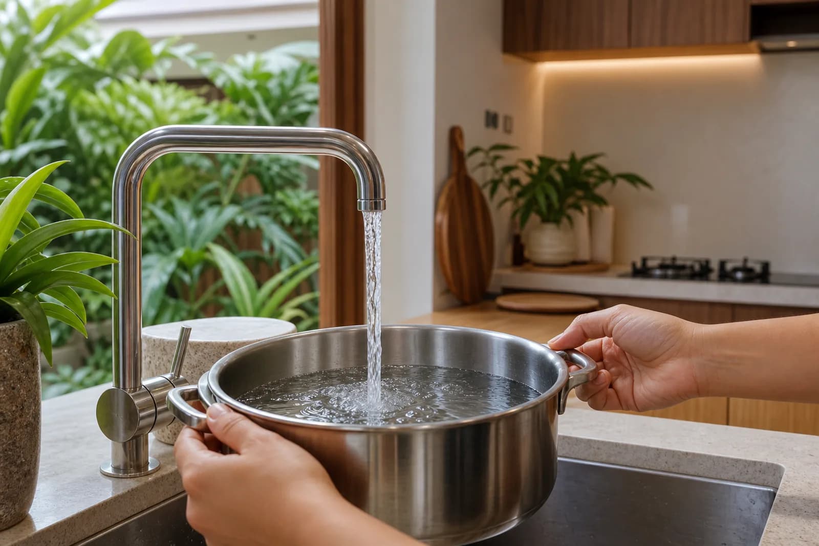 Filling a cooking pot with purified water at the kitchen sink