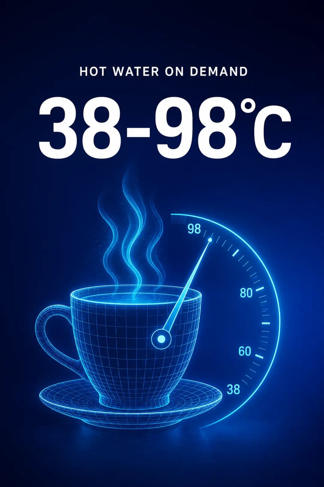 Hot water across 38 to 98°C.