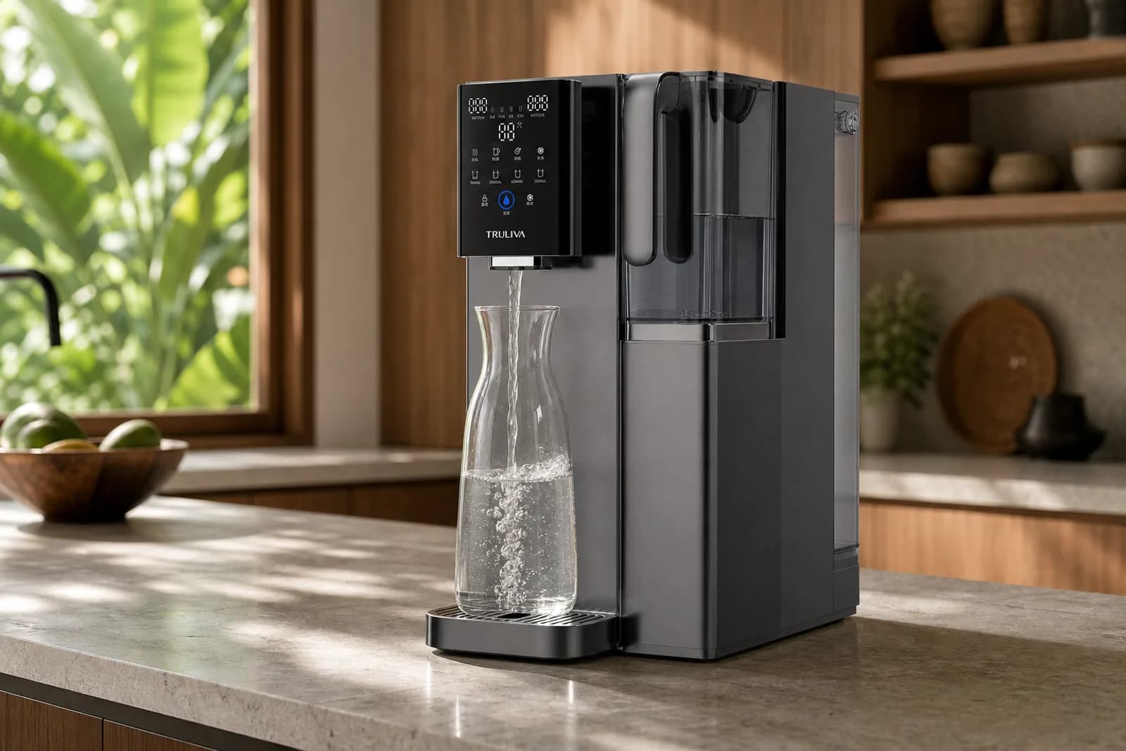 Filling a large carafe in one continuous pour.