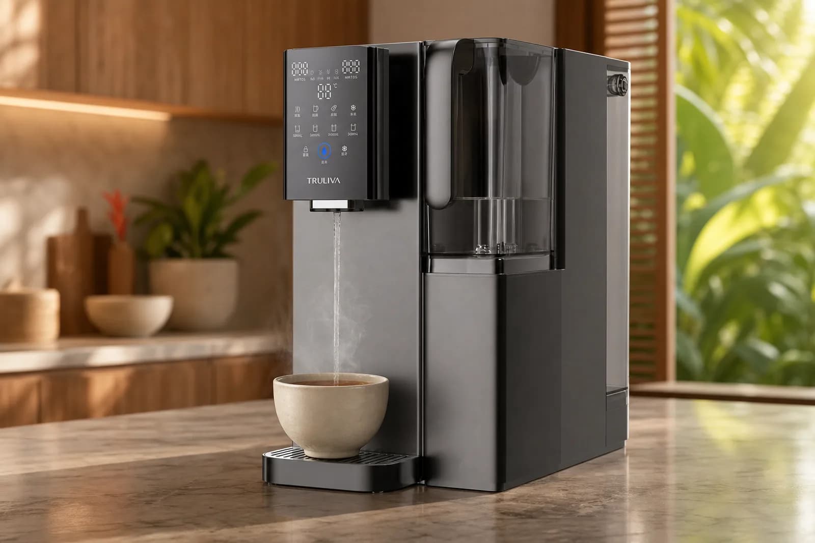Pouring hot water for tea from the dispenser.