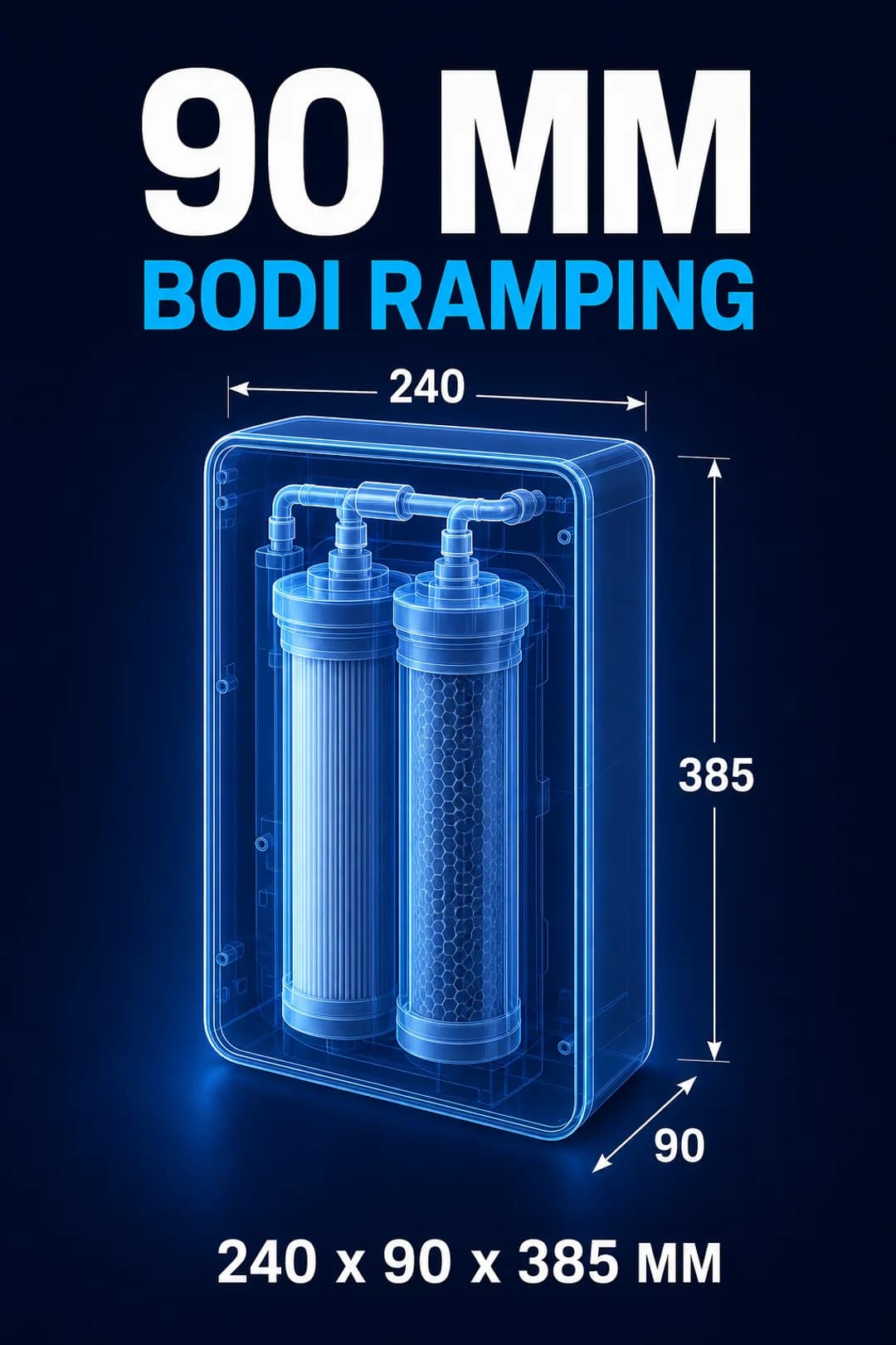 Bodi ramping selebar 90 mm (240 × 90 × 385 mm).
