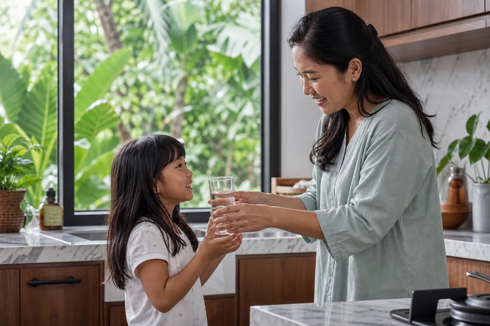 An Indonesian parent handing a child a glass of clean water in a home kitchen.