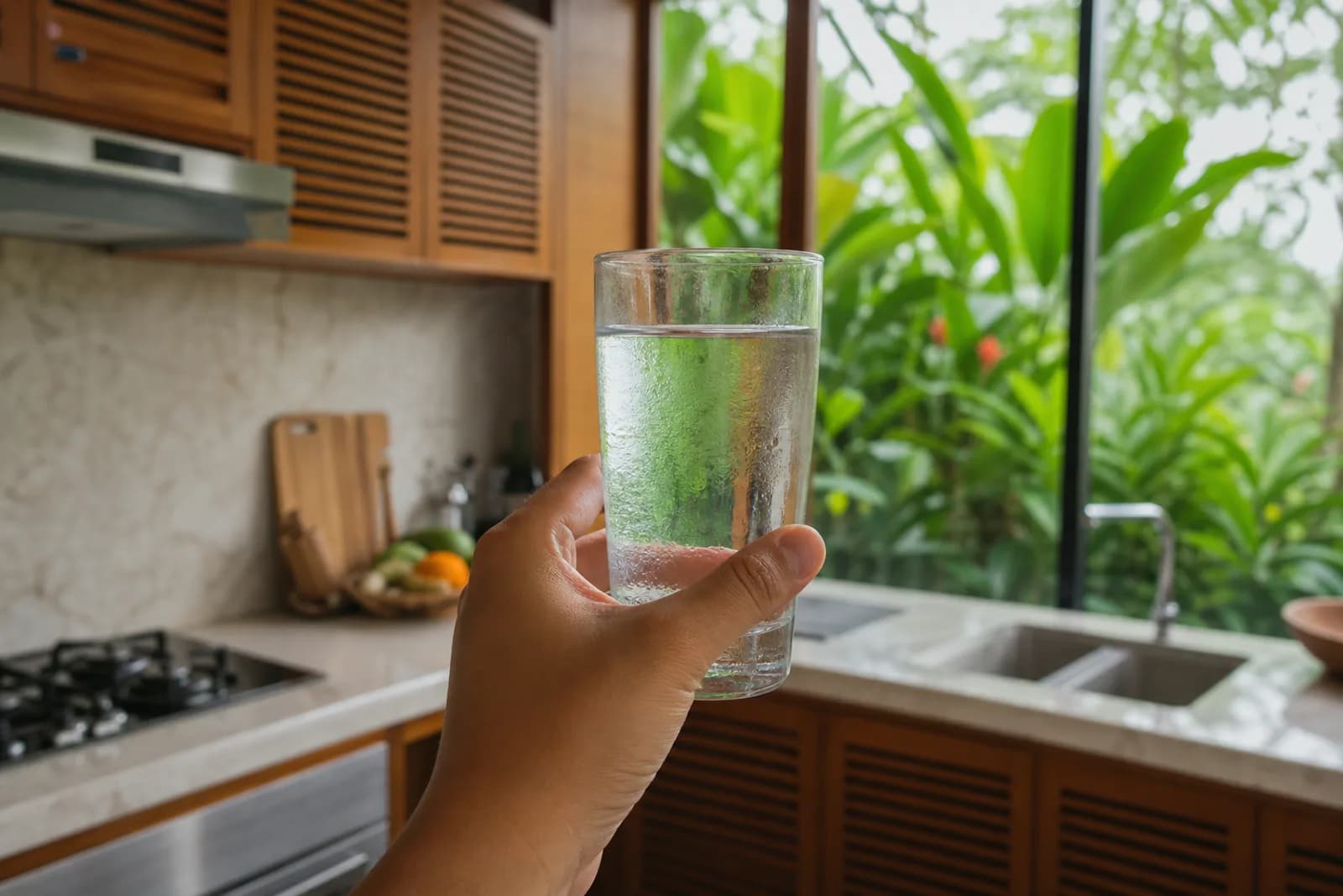 A clear glass of fresh water held up in a bright kitchen.