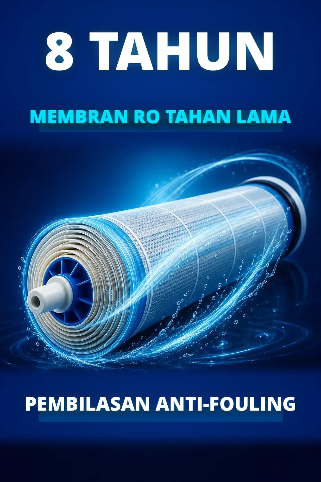 Membran RO awet delapan tahun dengan flush anti-penyumbatan.