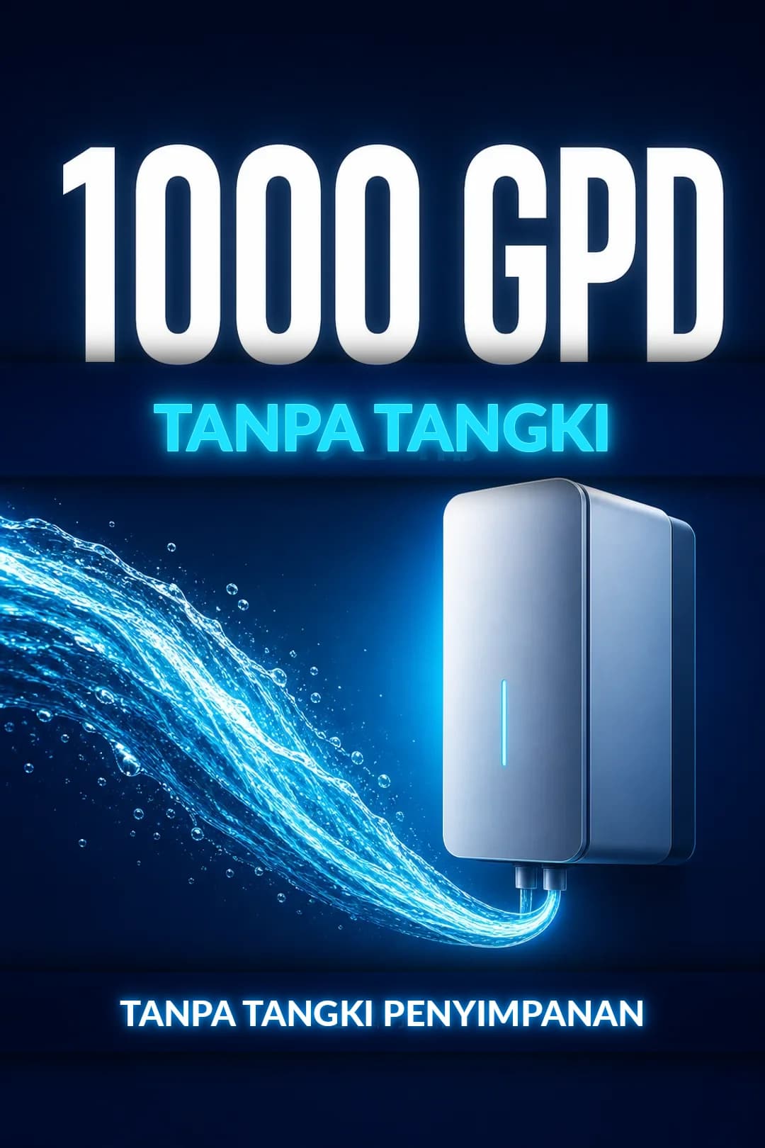 Keluaran 1000 GPD tanpa tangki penyimpanan.