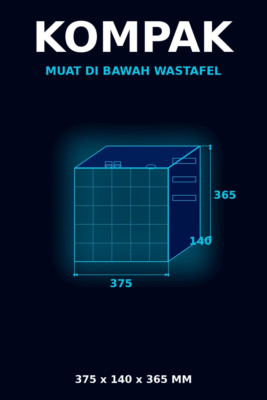 Dimensi ringkas di bawah wastafel (375 × 140 × 365 mm).