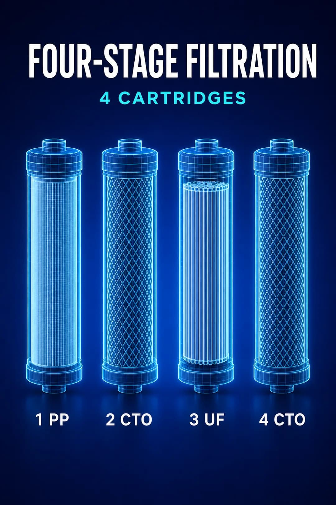 Four-stage filtration: PP, CTO, UF, then CTO.