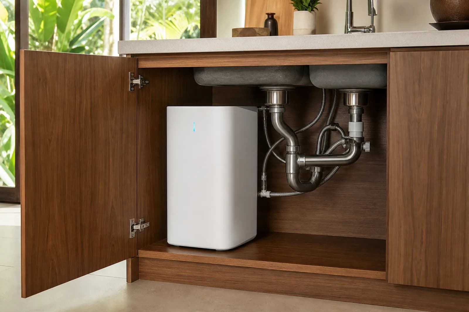 Opening an under-sink cabinet to reveal the compact white purifier.