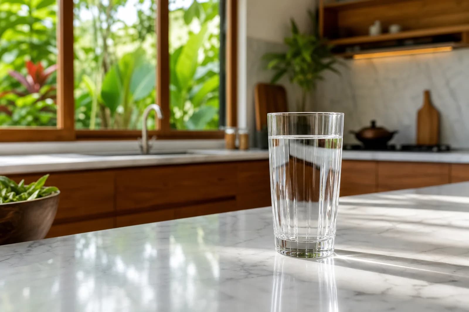 A full glass of clear water on a kitchen counter.