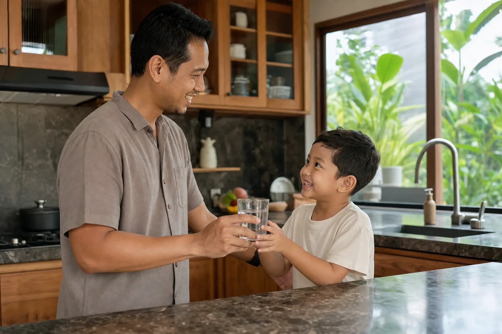 UU-N3010 lifestyle — Indonesian family with clean water from the kitchen sink